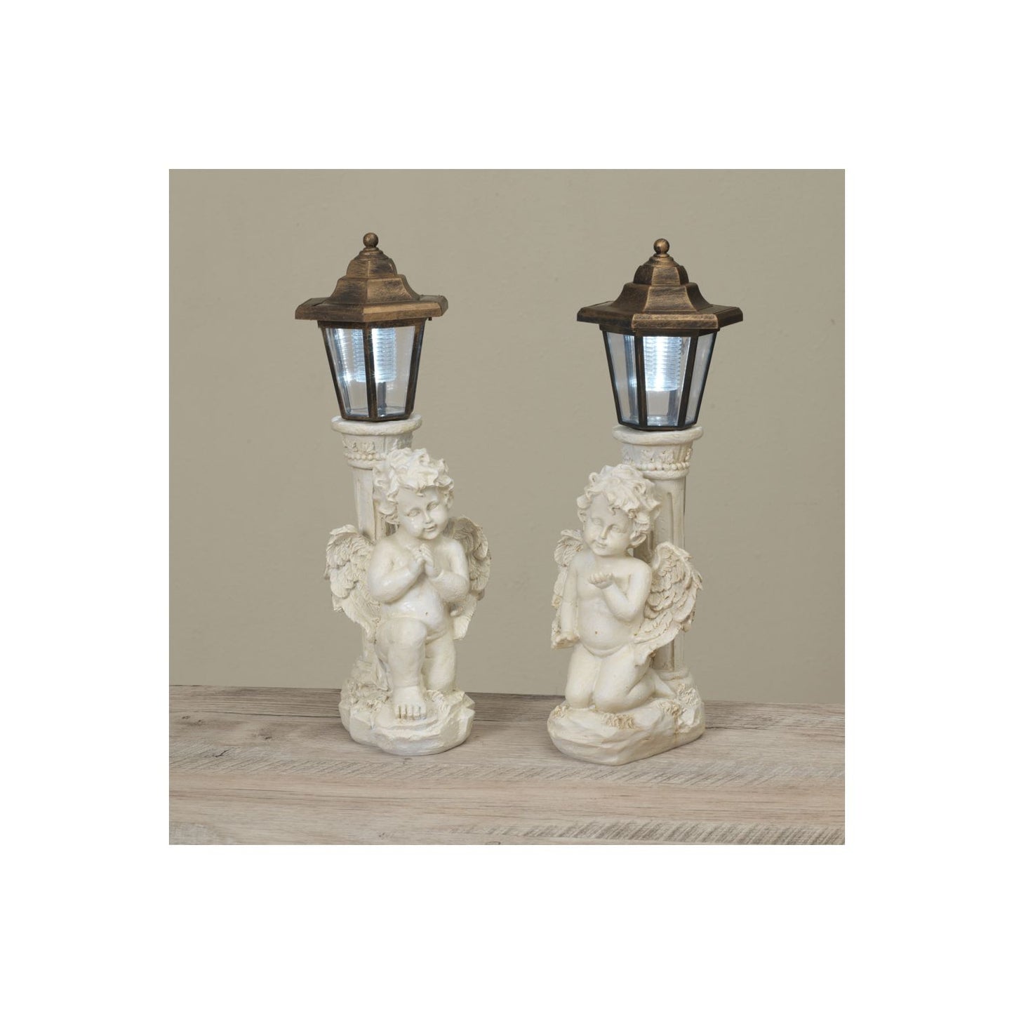 Gerson Company 15.3"H B/O Solar Lighted Resin Angel W/ Lamp Post, 2 Assorted
