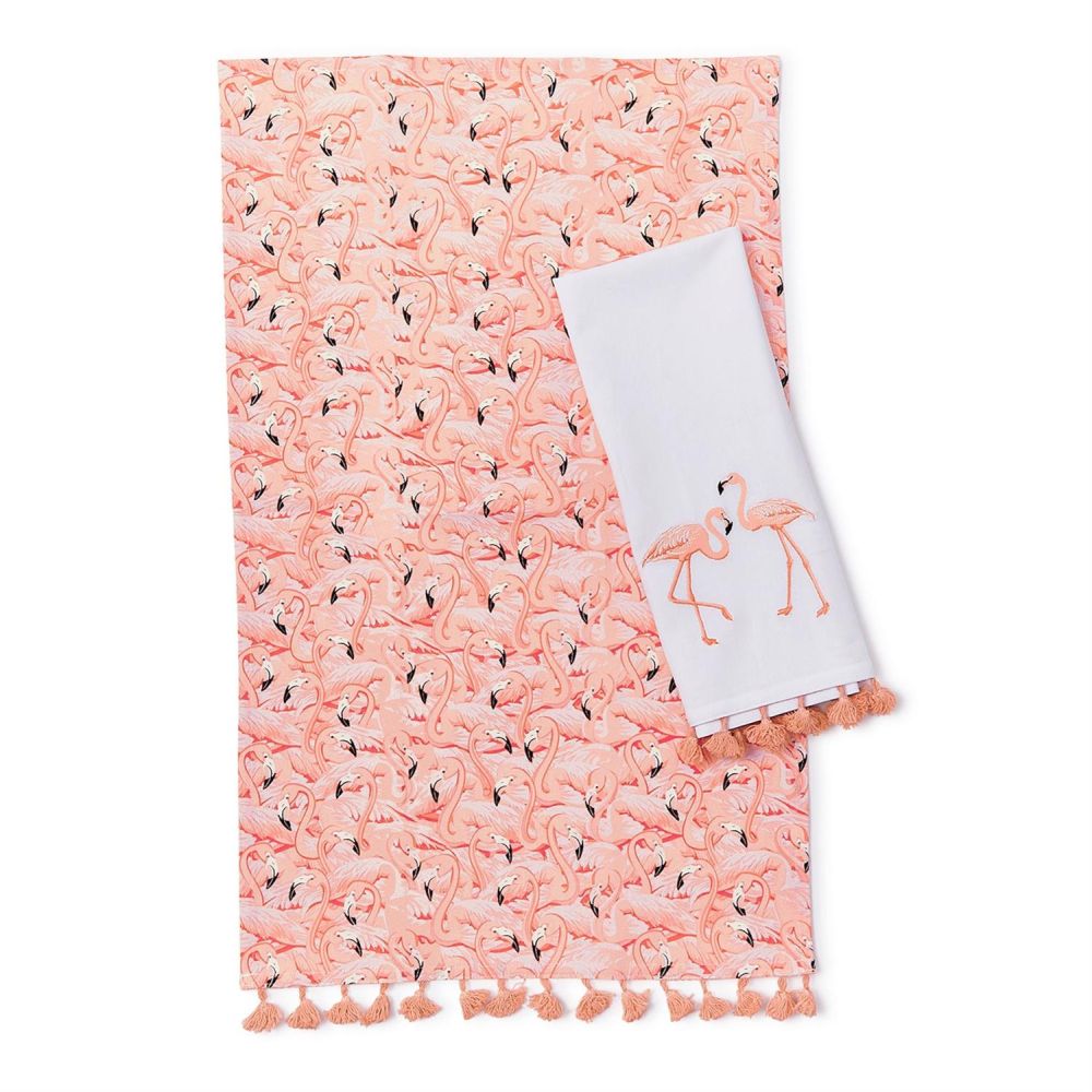Two's Company Set of 2 Flamingo Dish Towels With Pom Fringe - Cotton