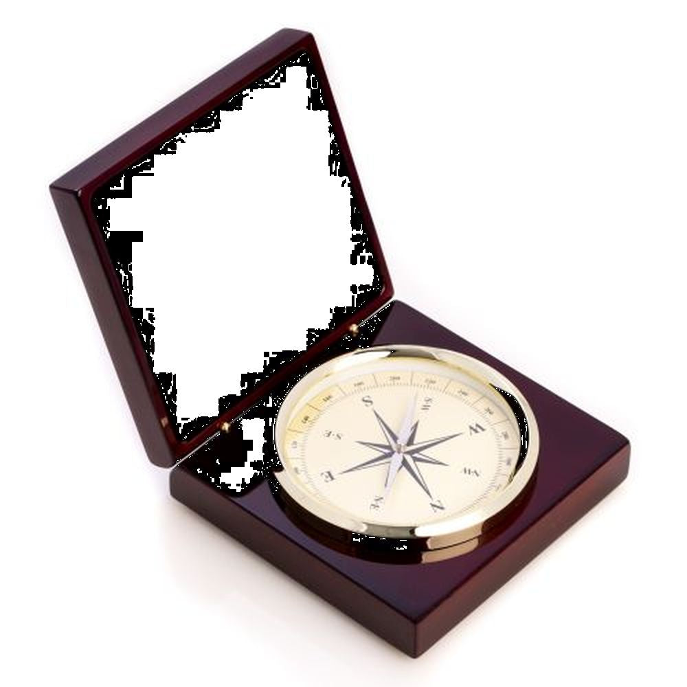 Bey Berk Brass Compass In Lacquered "Rosewood" Hinged Box