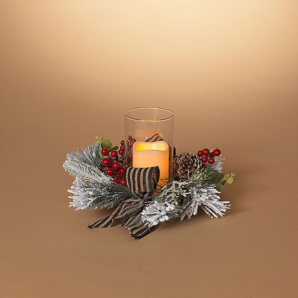 Gerson Company 14" Holiday Pine & Berry Candle Ring with Glass Candle Holder