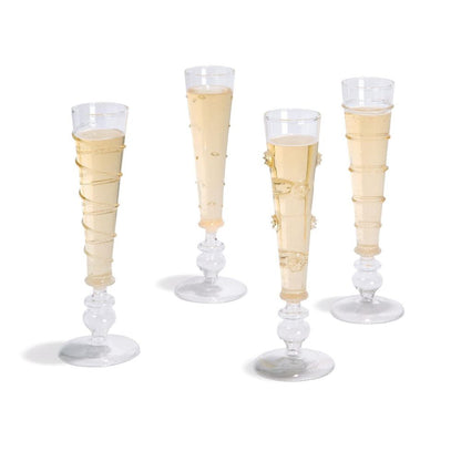 Verre Champagne Flute Set of 4 With Asst Designs: Flower, Spiral, Dots, Rings