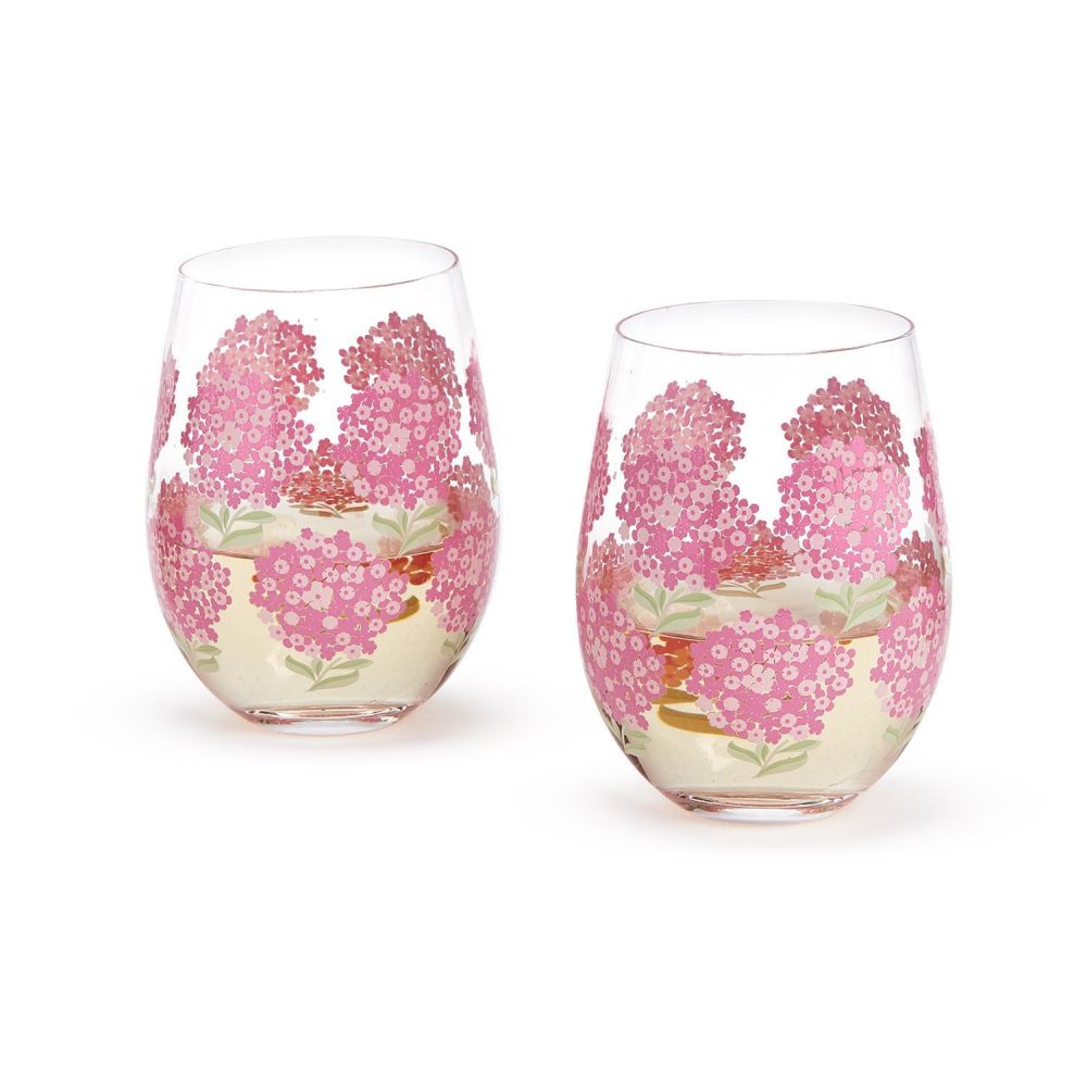 Two's Company Pink Hydrangea Stemless Wine Glass, 16oz Red/White Wine Tumbler