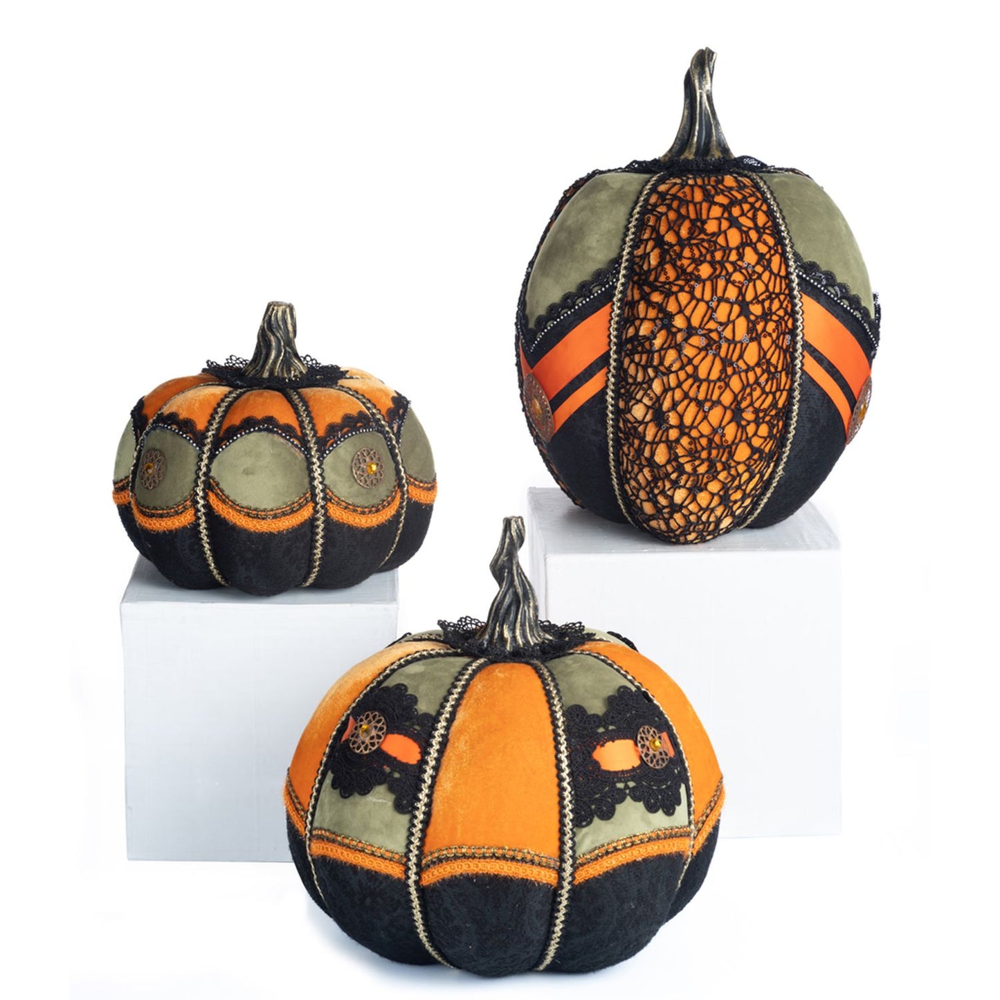Katherine's Collection Halloween Hallow Fabric Pumpkins Set Of 3, Orange/Black Polyester