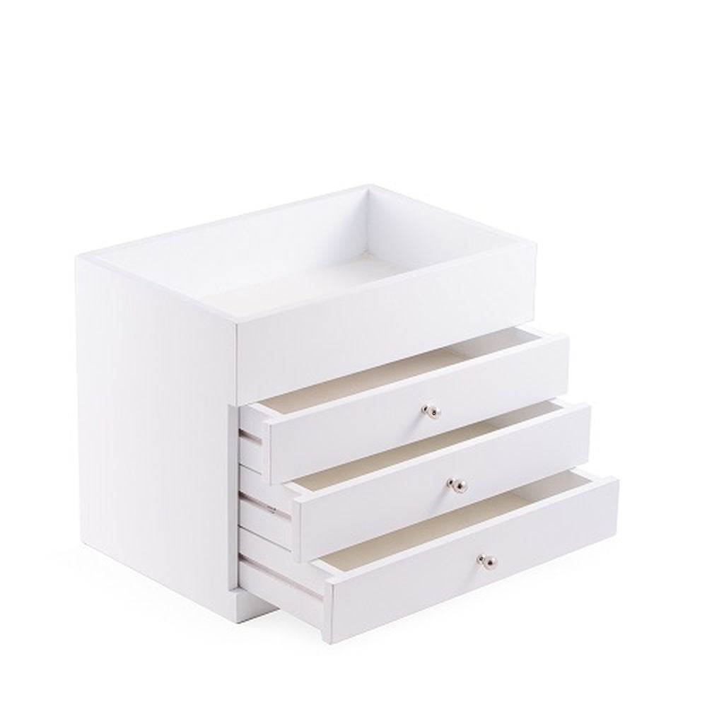 Bey Berk White Wood Make Up Case With 3 Drawers and Open Top