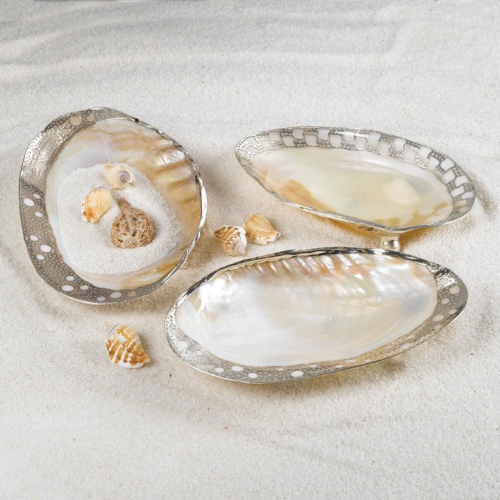 Two's Company Ornamented Cabebe Shell Decorative Footed Tray Assorted 3 Designs
