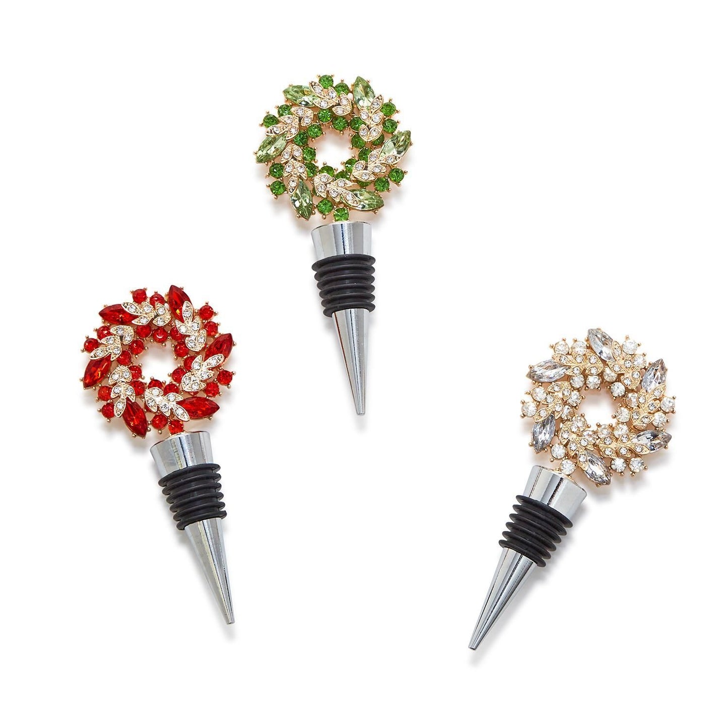 Two's Holiday Wreath Jeweled Bottle Stoppers In Gift Box Assorted 3 Colors