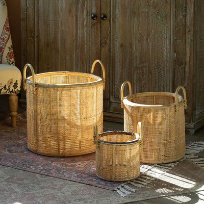 Park Hill Collection La Boheme Woven Rattan Baskets With Handles, Set Of 3