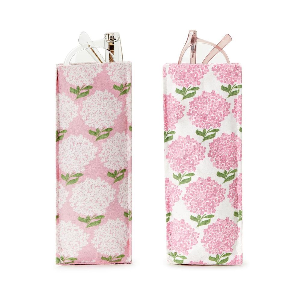 Two's Company 2PC Pink Hydrangea Standing Soft Eyeglass Cases - Triangular Weighted Sunglass Pouch
