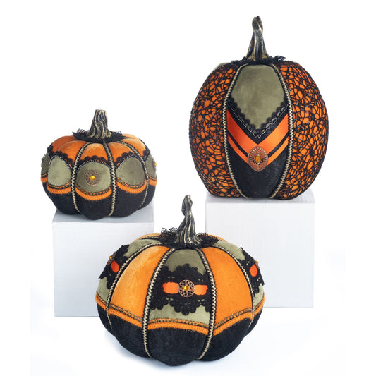 Katherine's Collection Halloween Hallow Fabric Pumpkins Set Of 3, Orange/Black Polyester