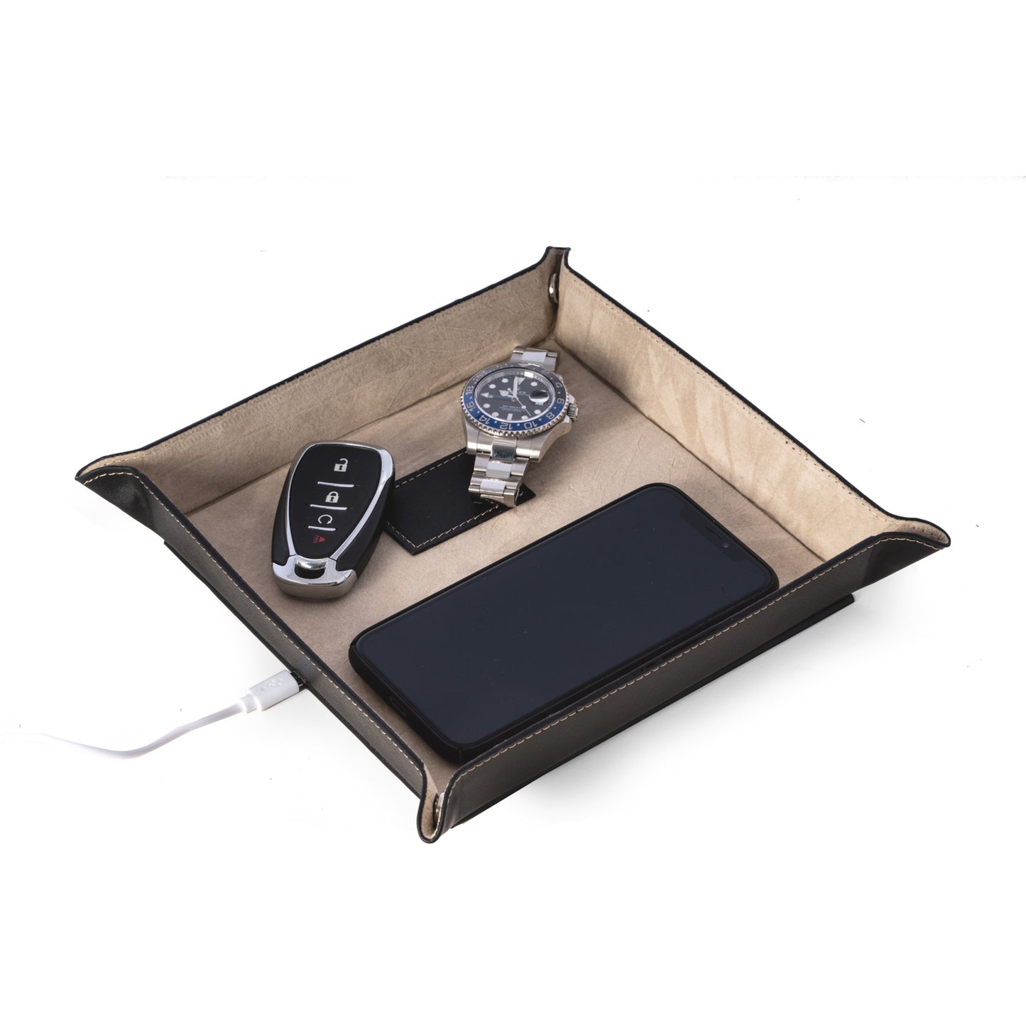 Bey Berk Leather Valet Tray with Wireless Charger