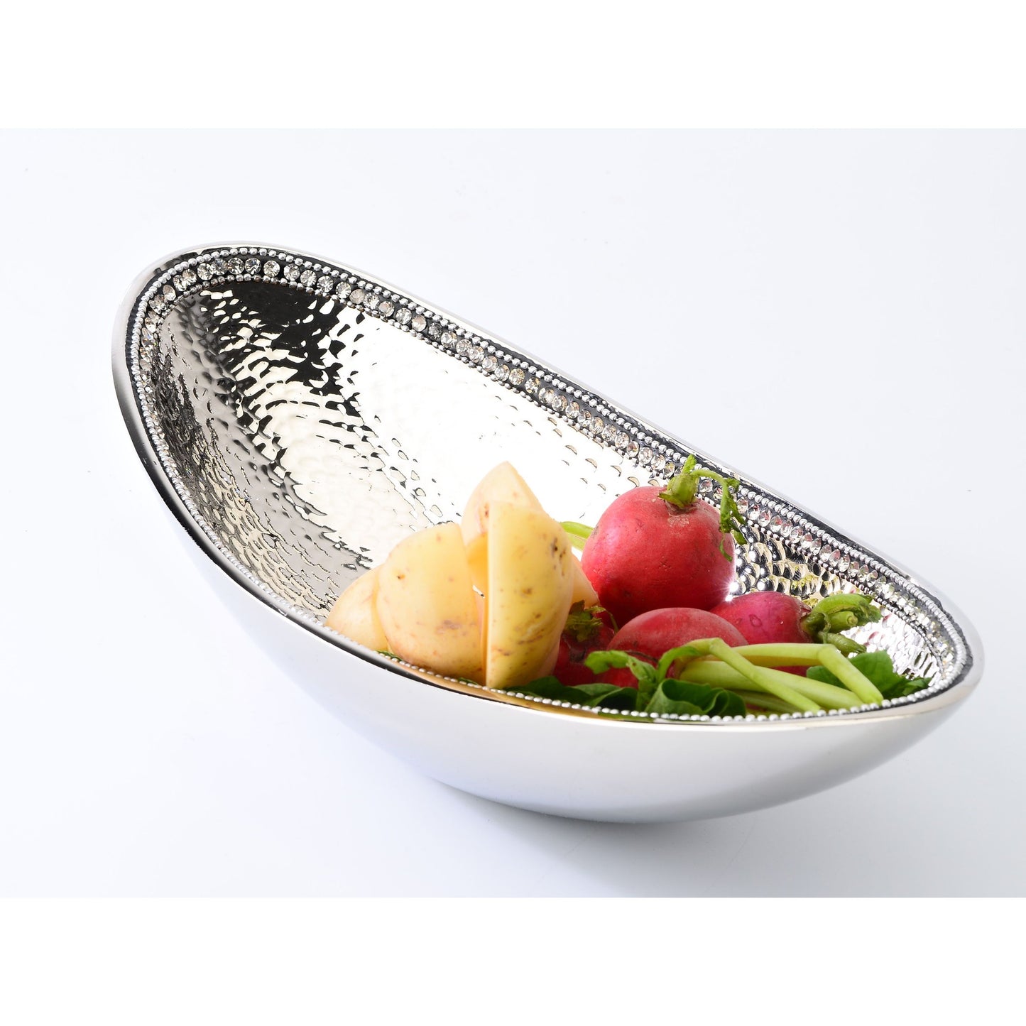 Classic Touch Decor Stainless Steel Boat Bowl with Stones, Silver, 11.75"