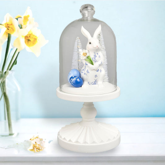 December Diamonds Blue Butterfly Garden White Bunny In Cloche Decor Figurine