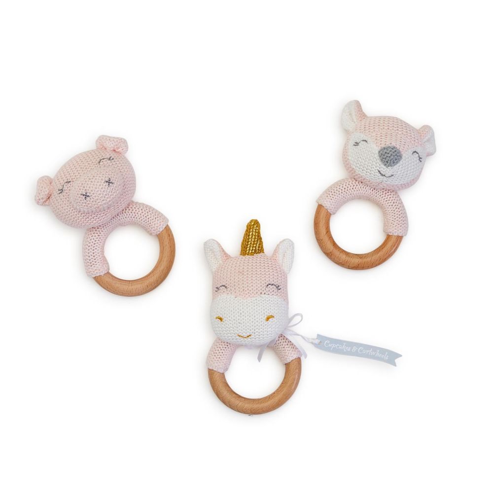 Knitted Rattle with Natural Wooden Grip Ring Asst 3 Designs: Piggy, Unicorn, Fox