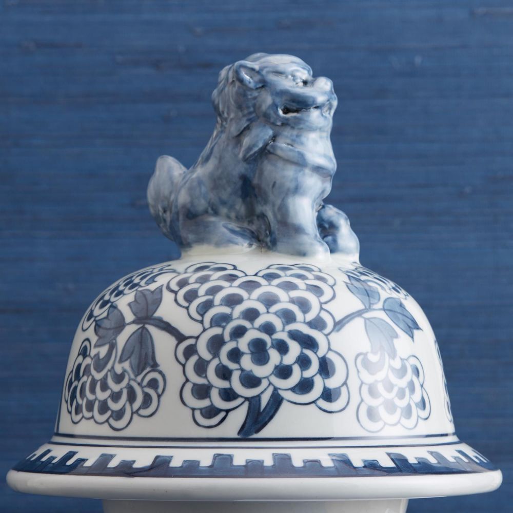 Two's Company Blue and White Peony Flower Covered Temple Jar with Lion Accents