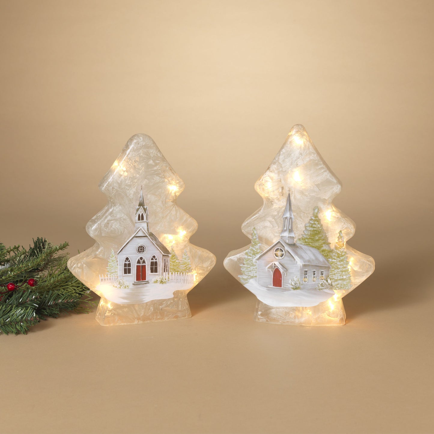 Gerson Company 11.4"H B/O Lighted Frosted Glass Christmas Tree Luminary, 2 Asst