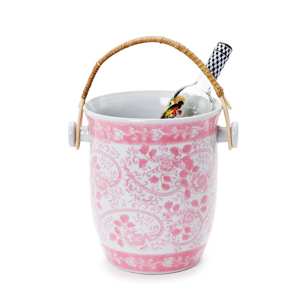Two's Company Hand-Painted Pink Porcelain Chinoiserie Cooler Bucket with Woven Cane Handle, 9" x 11"