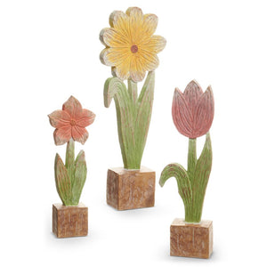 Raz Imports The Carrot Patch 11.75" Wood Flowers On Block, Set of 3