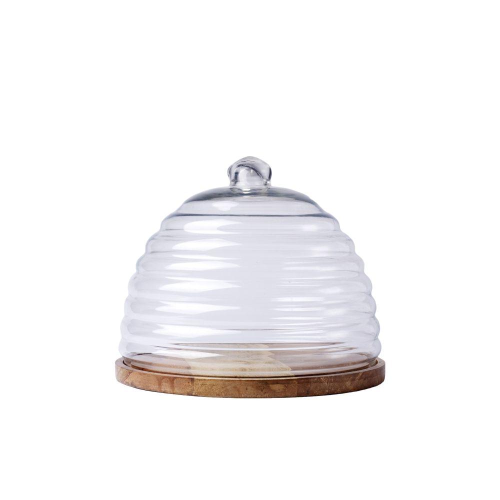 BIDKHome Mango Wood & Glass Round Hive Food Dome/Plate - Clear & Natural by BIDKHome