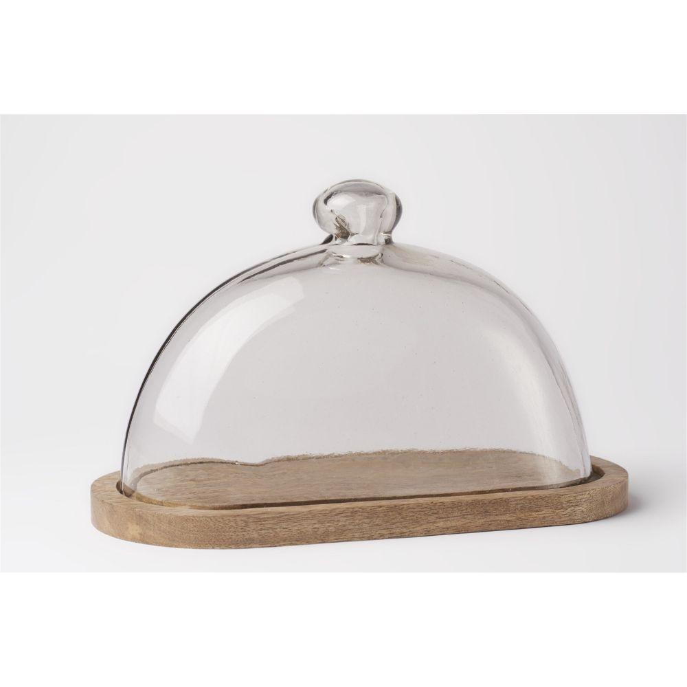 BIDKHome Mango Wood & Glass Oval Food Dome/Plate - Clear & Natural by BIDKHome