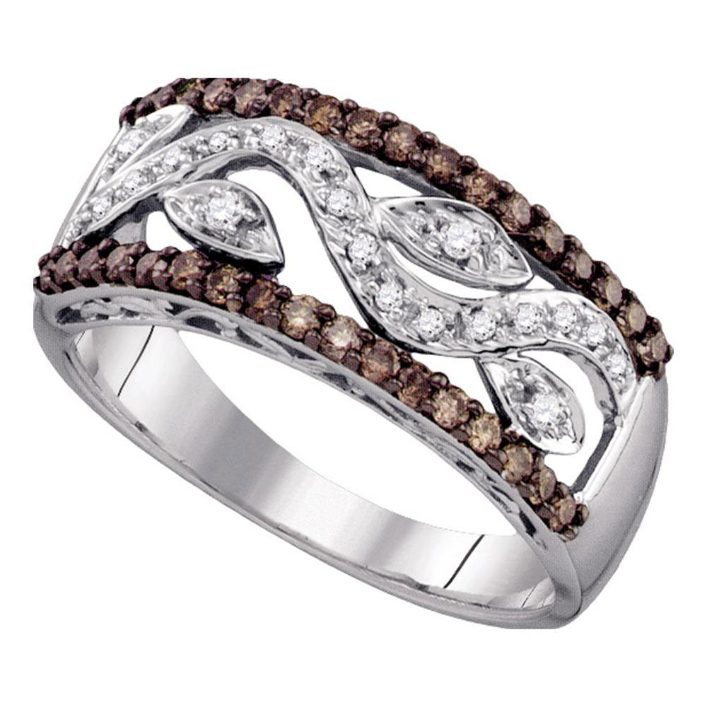 GND 10kt White Gold Womens Round Brown Diamond Floral Band Ring 1/2 Cttw, Size 5 by GND
