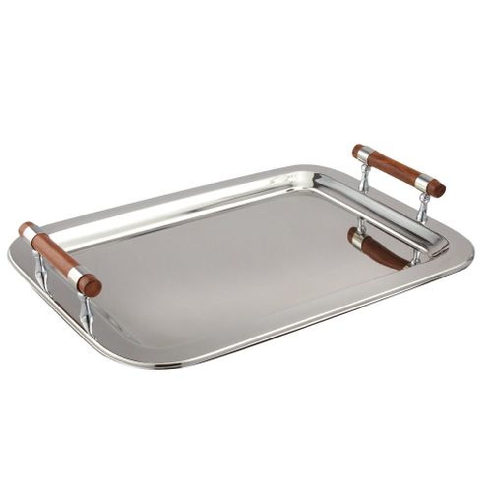 Leeber Large Rectangle Tray with Wood Handle, Metal, 15.5" x 22"
