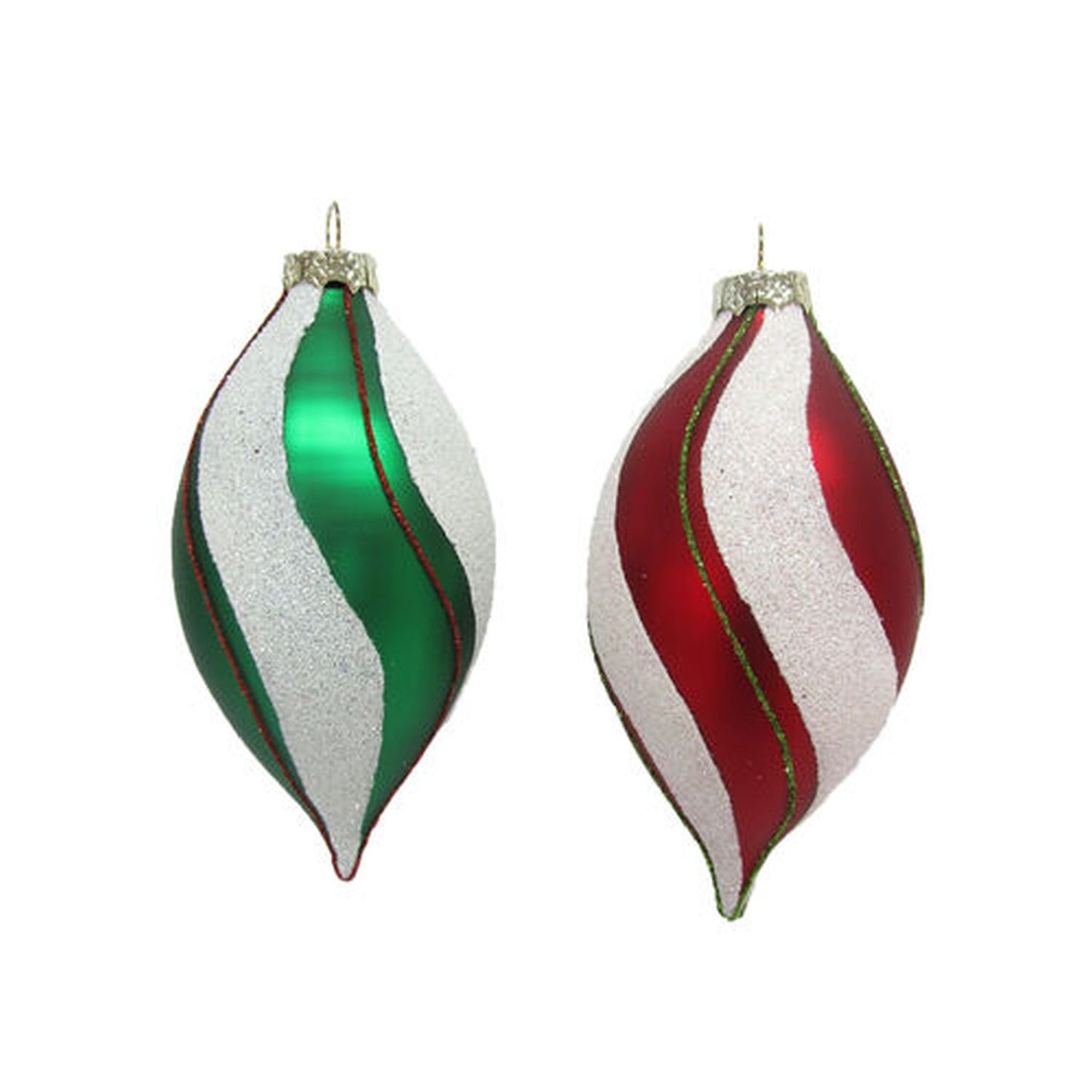 Christmas Carousel Set Of 2 Assortment Green/Red Swirl Teardrop Ornaments