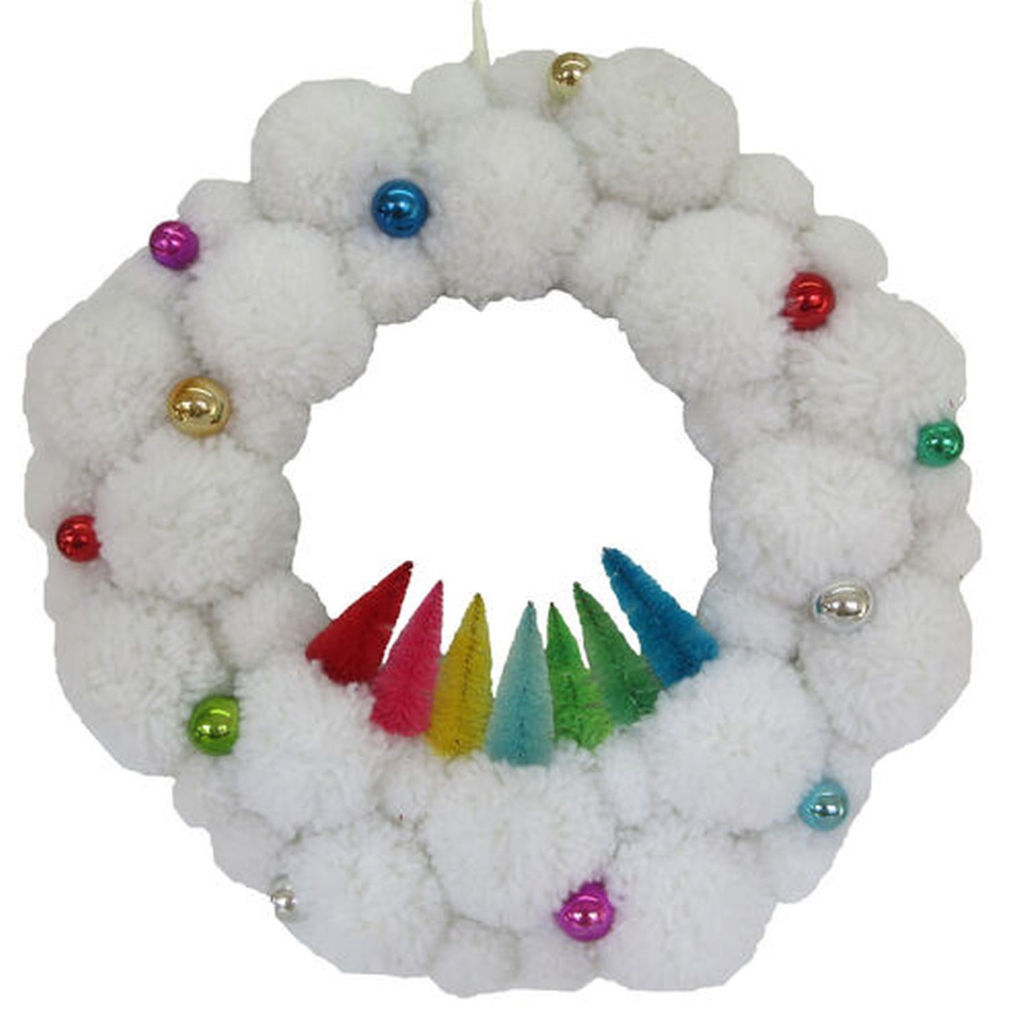 Christmas Carousel White Pom Pom Wreath With Color Trees / Balls