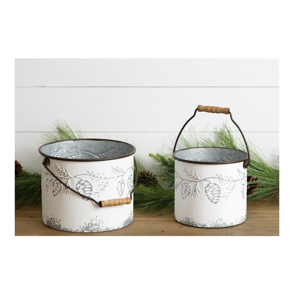 Your Heart's Delight Embossed Pinecone Buckets, Set of 2, White, Iron