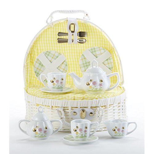 Delton Porcelain Bee Buzz Children's Tea Set in White Basket.