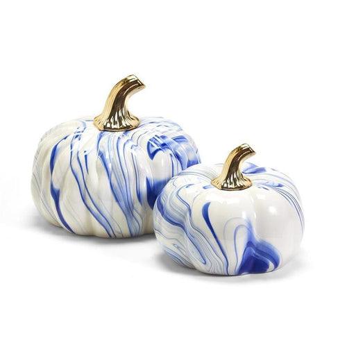 Two's Company Marbled Set of 2 Blue and White Pumpkins with Gold Stem