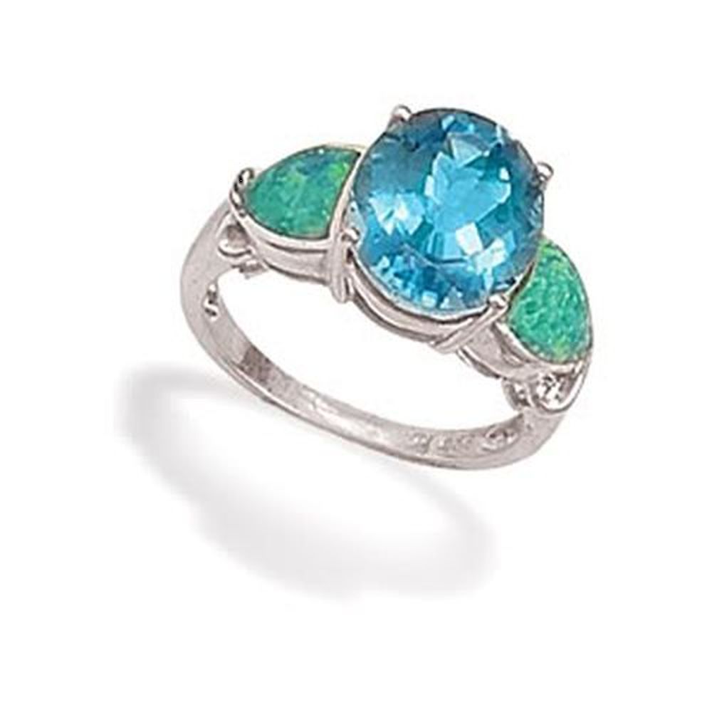 MMA Oval Blue Cz and Synthetic Green Opal Ring / Size 6