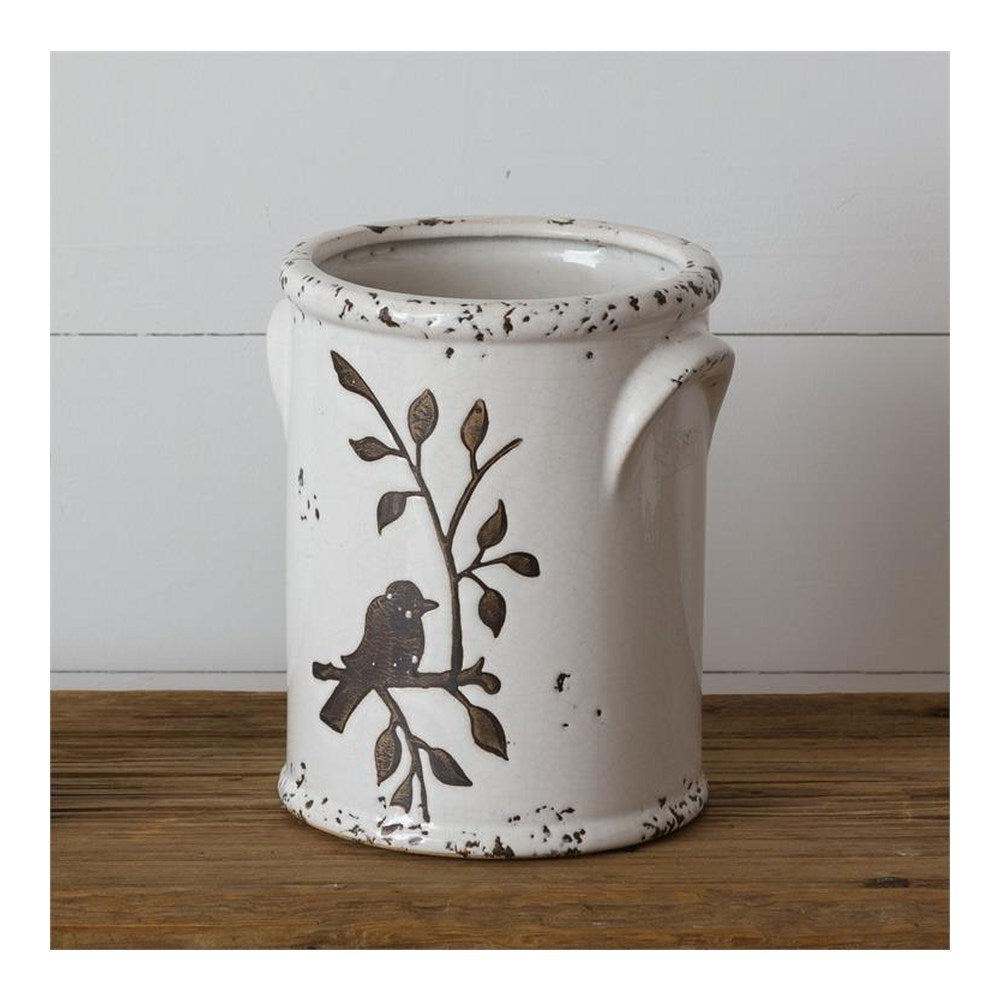 Your Heart's Delight Pottery - Birds N Branches Crock, Large, White, Ceramic