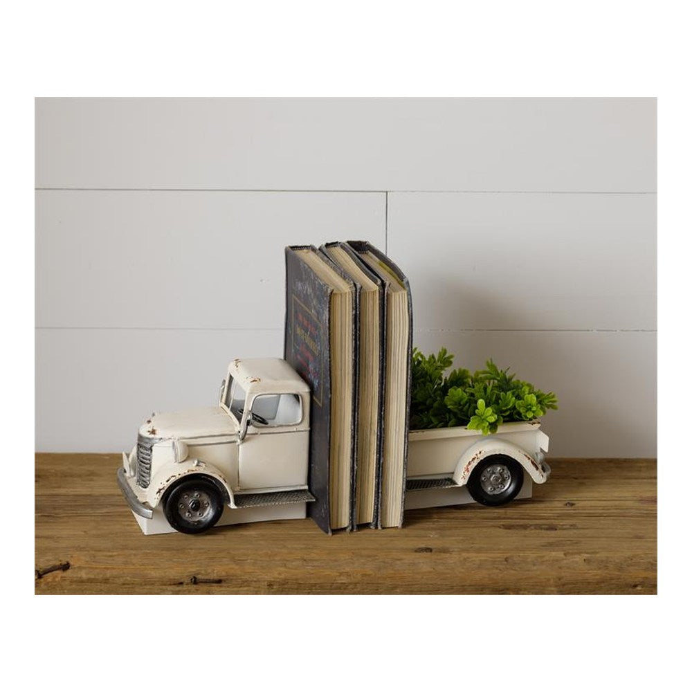 Your Heart's Delight Antiqued Truck Bookends Pair, White, Metal