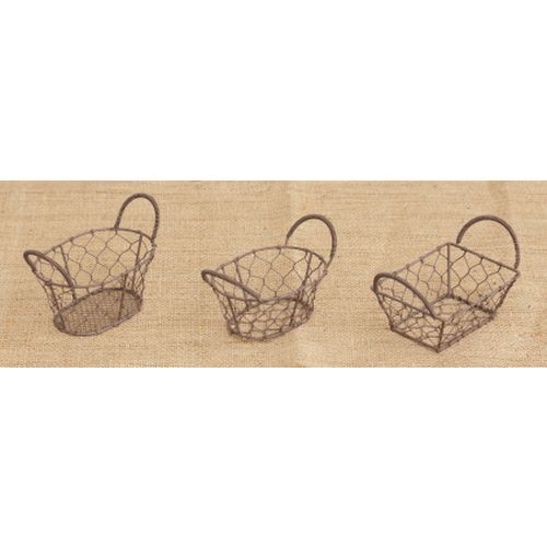 Wire Basket- Mini Assortment. Shapes, Wire Handles, Set of 6, Wood