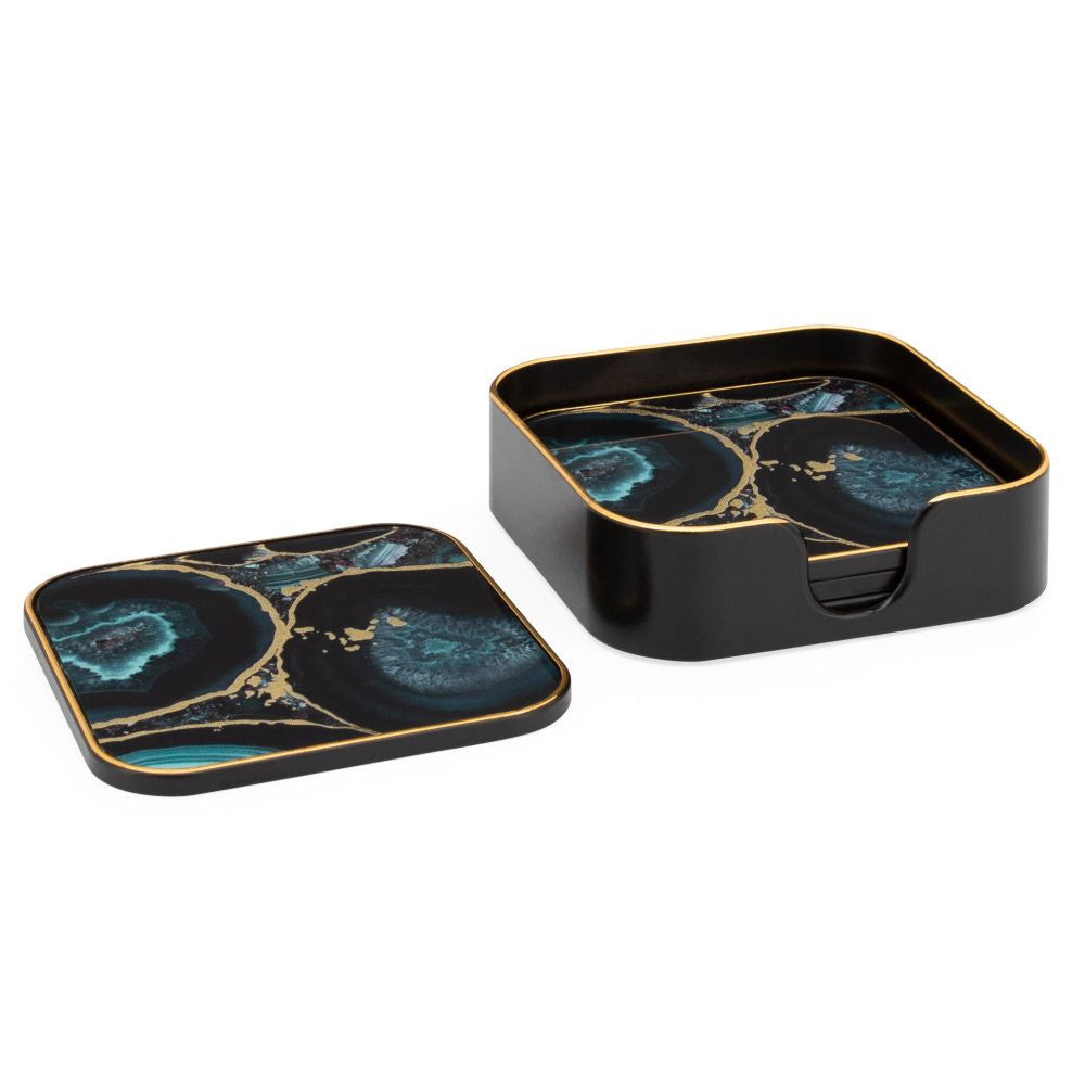 Torre & Tagus Savoy Gold Trim Square Coasters, Set Of 4 - Agate, 4"