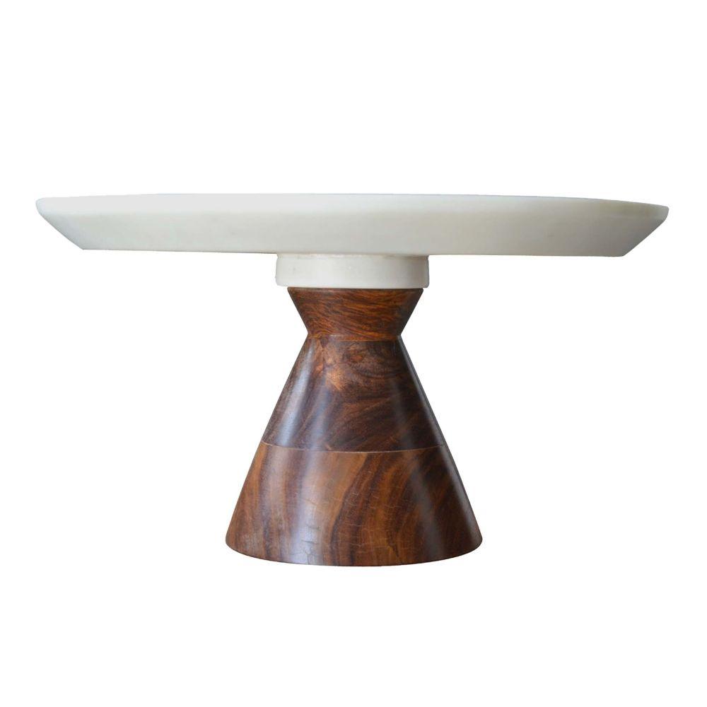 BIDKHome White Marble with Wood Pedestal Cake Stand by BIDKHome