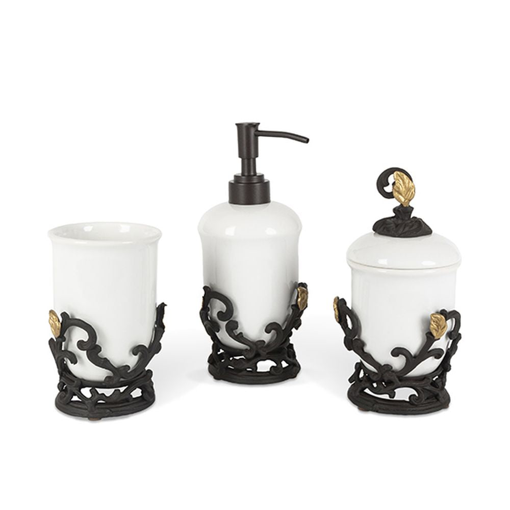 Gerson Companies White Stoneware 3-pc Vanity Set w/ Metal Gold Leaf & Vine Bases by The GG Collection