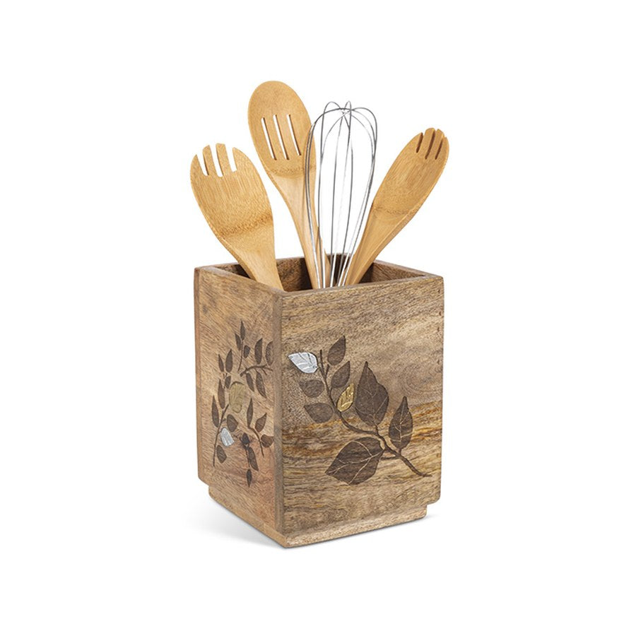Gerson Companies Mango Wood with Inlay and Laser Leaf Utensil Holder by The GG Collection