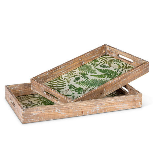 Gerson Companies Set of 2 Wood Trays with Glass Bottom, Fern Pattern by Lone Elm Studios