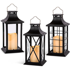 Gerson Company 11"H Lantern w/ 3X4.5" Plastic Candle, Set of 3, Assorted Style by Gerson Company