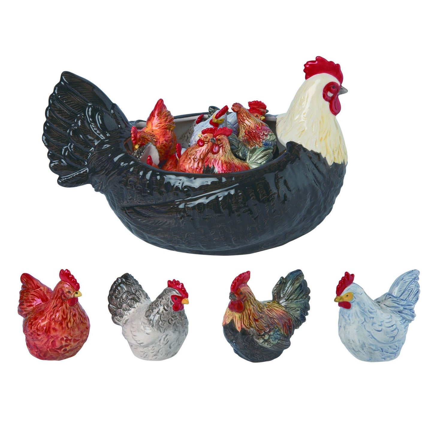 Transpac Dolomite Chicken Salt & Pepper Shakers With Bowl Display, Set Of 17