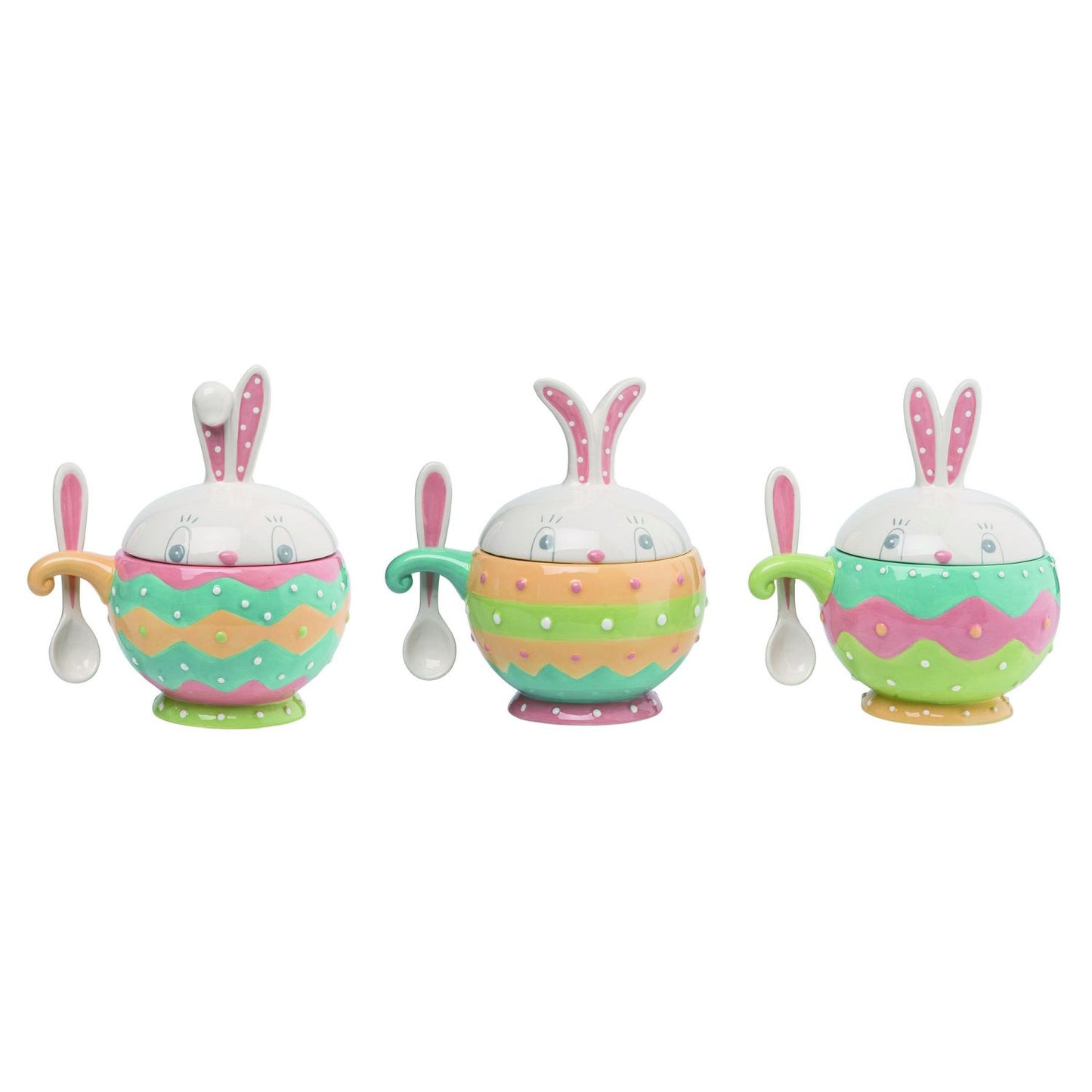 Transpac Dolomite Easter Dottie Bowl With Spoon & Lid, Set Of 3, Assortment