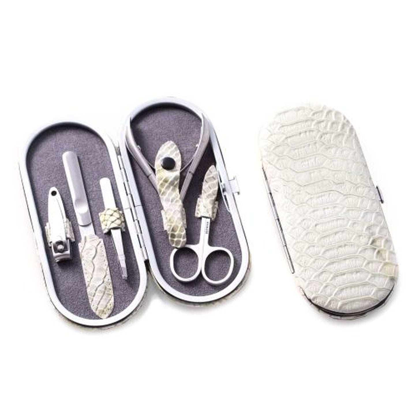 5 Piece Manicure Set In "White Snake" Pattern Leather Case