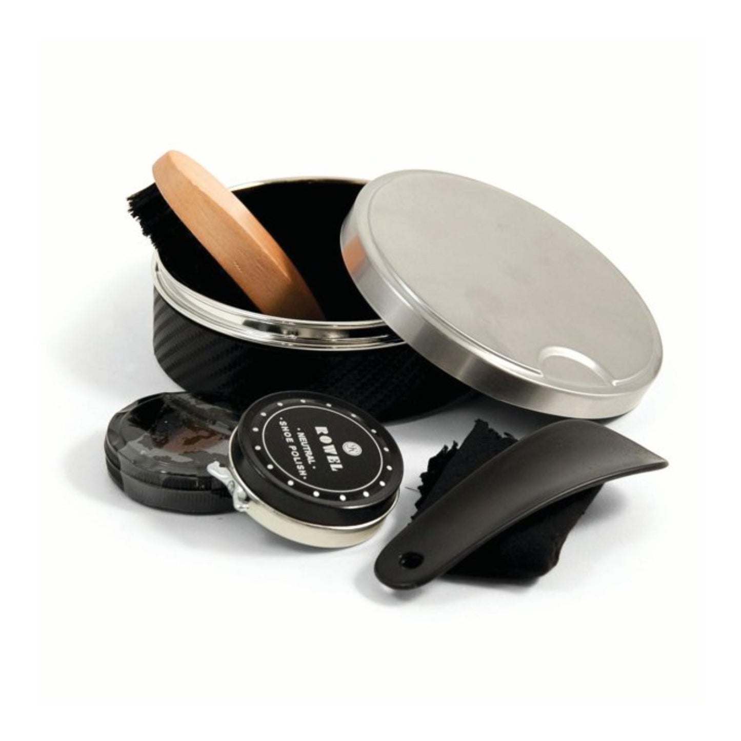 Shoe Shine Set In Stainless Steel & Black Leather Case
