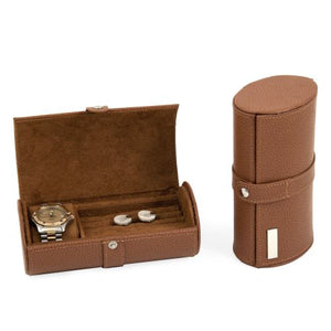 Tan Leather Watch & Cufflink Travel Case With Snap Closure