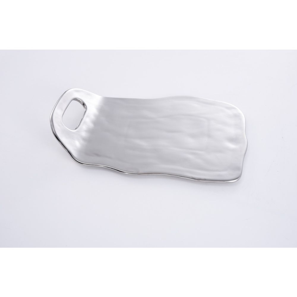 Pampa Bay Thin & Simple Tray with Handles, Silver, Porcelain, 9 x 13 inches