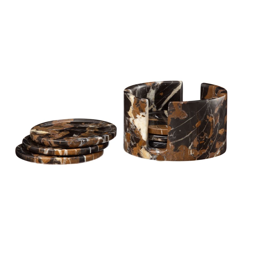 Dionysus Collection Black & Gold Marble 6-Piece Coaster Set With Caddie