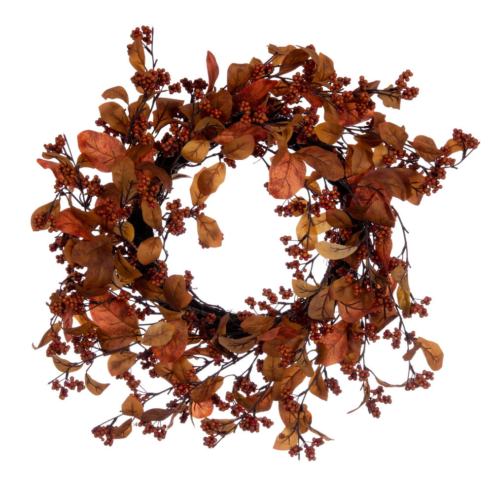 Vickerman 22" Orange Fall Leaves and Berries Wreath, Circular Grapevine Base