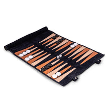 Load image into Gallery viewer, Suede Roll-Up Backgammon Travel Set w/ Playing Pieces.