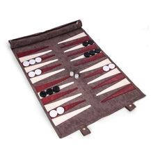 Load image into Gallery viewer, Suede Roll-Up Backgammon Travel Set w/ Playing Pieces.